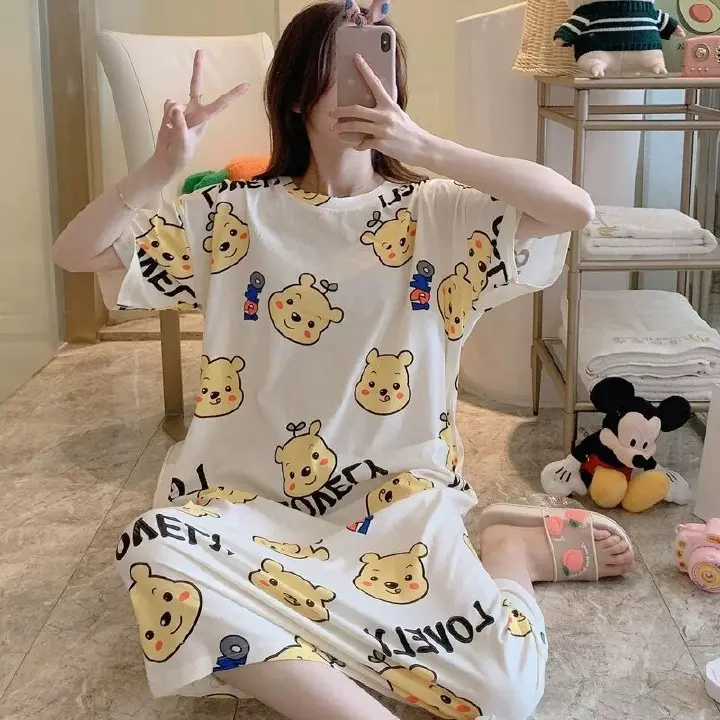 Women's Nightdress   Plus size pajamas Women's summer Korean pajamas Women's summer nightdress short sleeve women's summer loungewear set student cute plus size