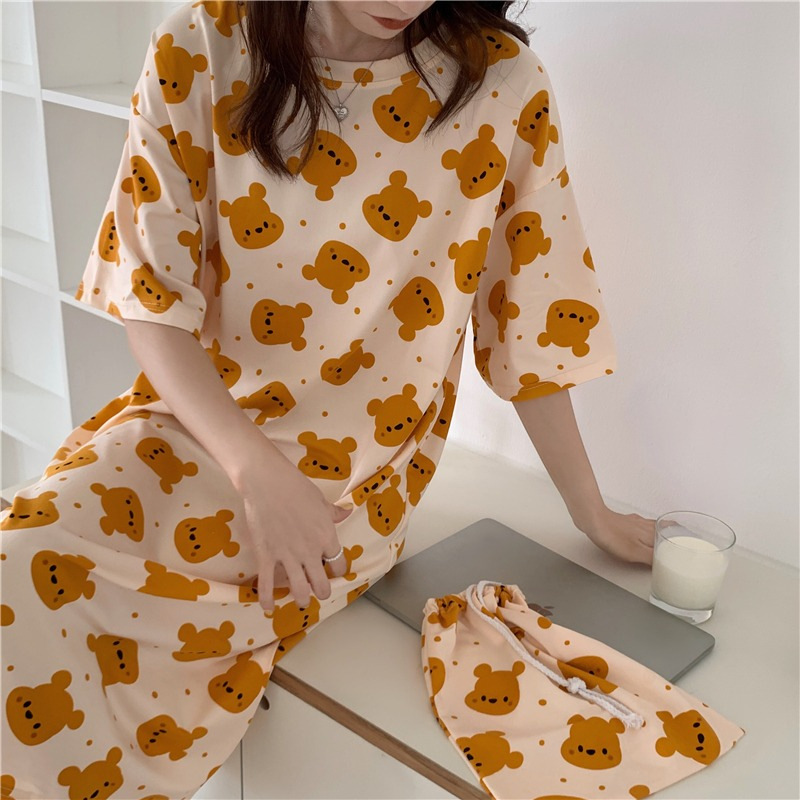 Women's Nightdress  Plus size pajamas Women's summer Korean pajamas Women's summer nightdress short sleeve women's summer loungewear set student cute plus size