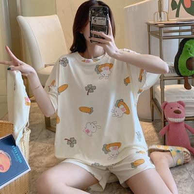 Women's pajamas  Women's summer short sleeves + shorts  Cute cartoon  Thin pajamas  Loose plus size  Summer girl summer loungewear set