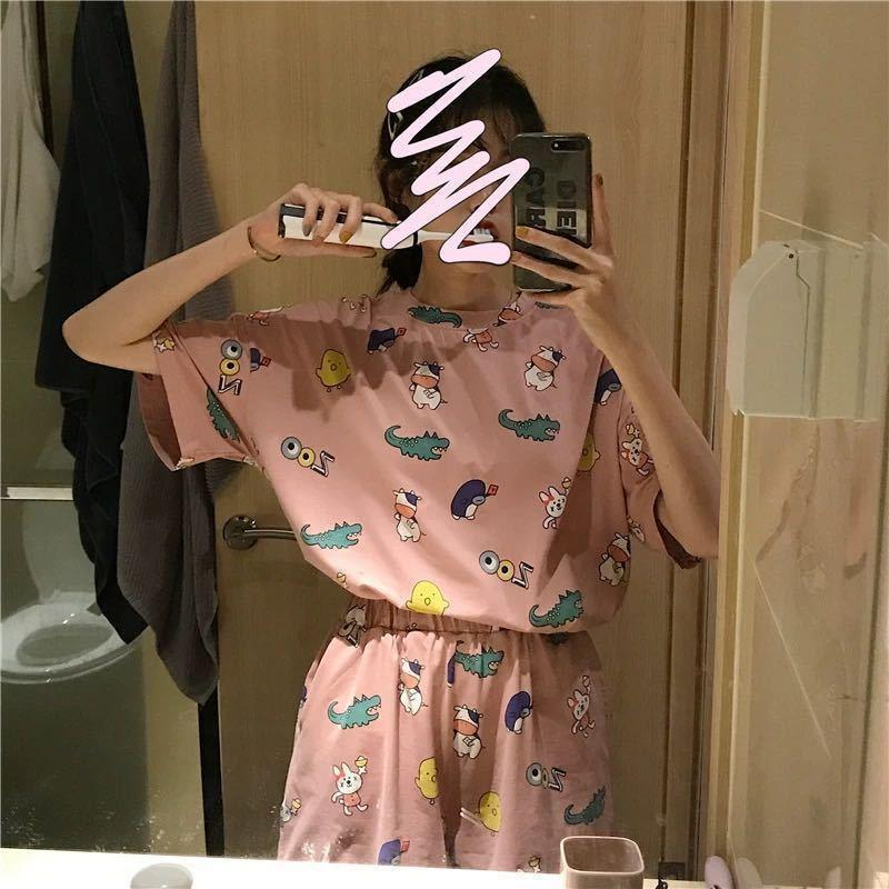 Women's pajamas  Women's summer short sleeves + shorts  Cute cartoon  Thin pajamas  Loose plus size  Summer girl summer loungewear set