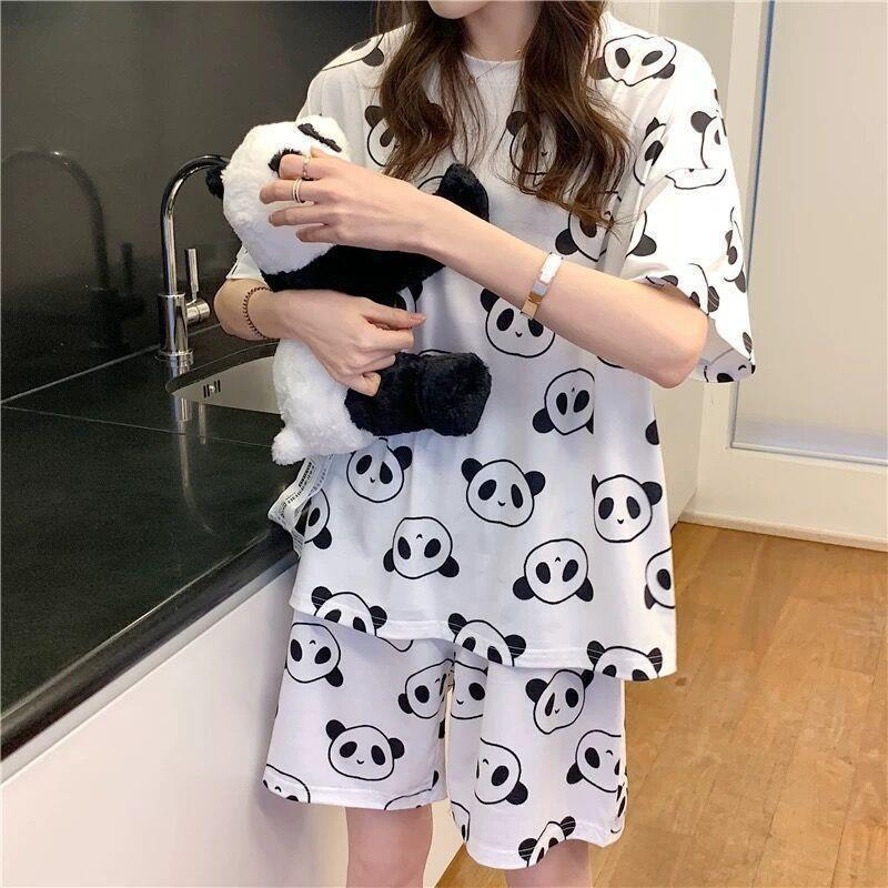 Women's pajamas  Women's summer short sleeves + shorts  Cute cartoon  Thin pajamas  Loose plus size  Summer girl summer loungewear set