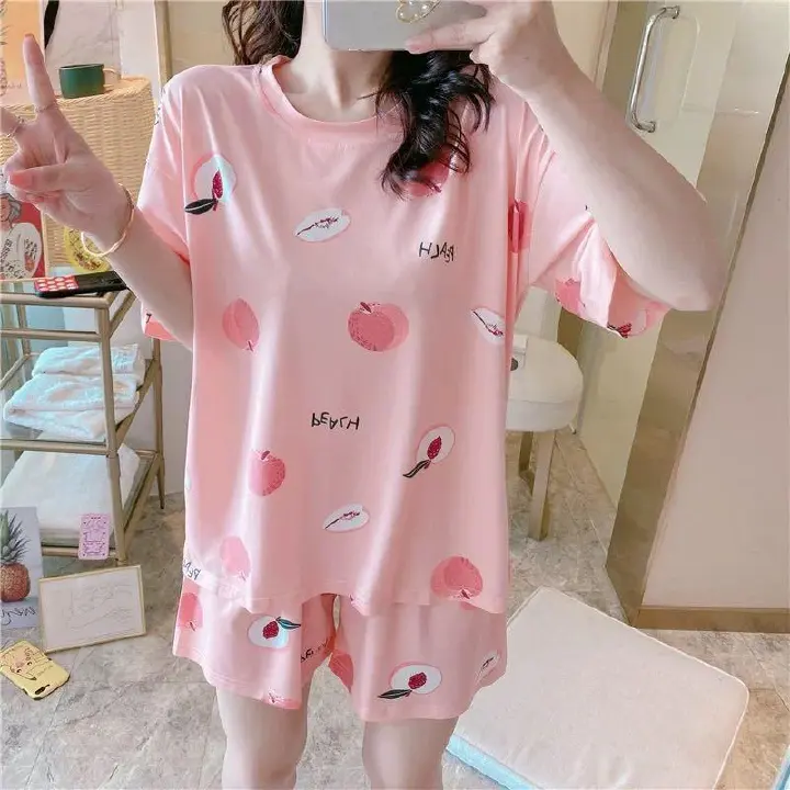 Women's pajamas  Women's summer short sleeves + shorts  Cute cartoon  Thin pajamas  Loose plus size  Summer girl summer loungewear set