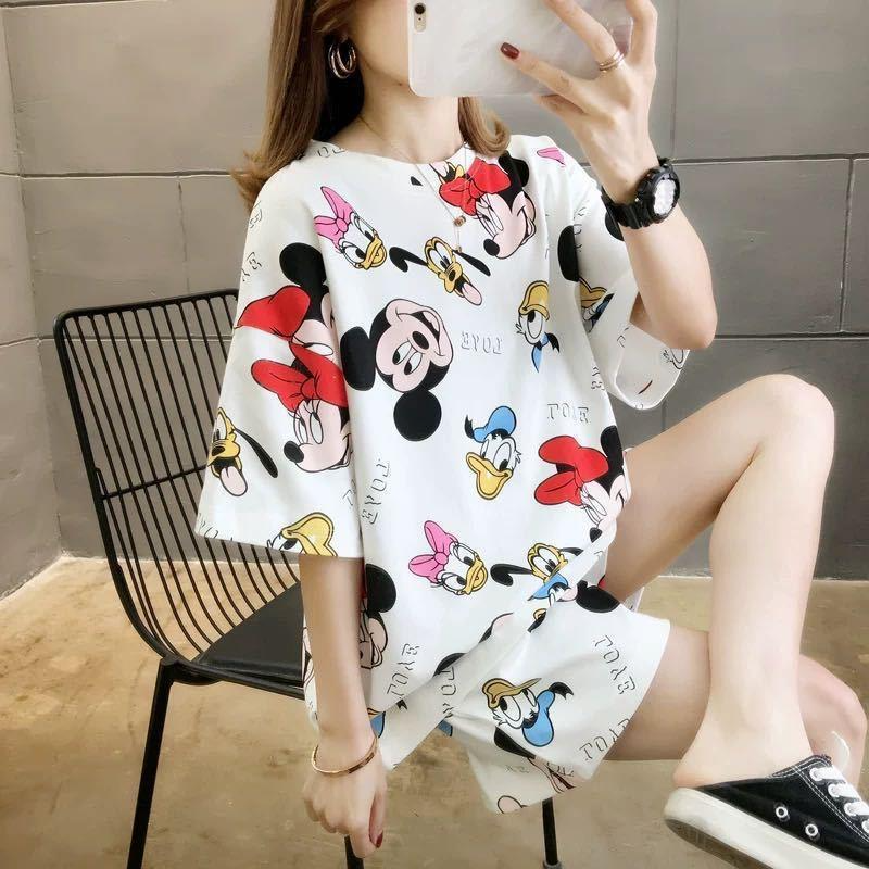 Women's pajamas  Women's summer short sleeves + shorts  Cute cartoon  Thin pajamas  Loose plus size  Summer girl summer loungewear set