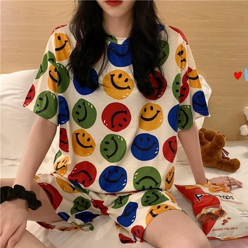 Women's pajamas  Women's summer short sleeves + shorts  Cute cartoon  Thin pajamas  Loose plus size  Summer girl summer loungewear set