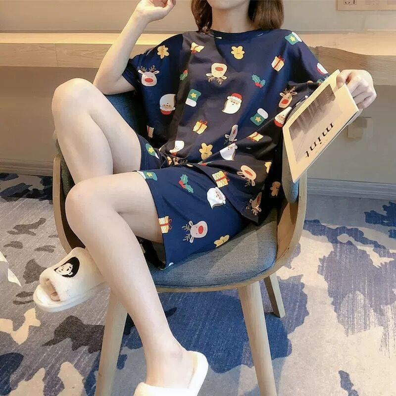 Women's pajamas  Women's summer short sleeves + shorts  Cute cartoon  Thin pajamas  Loose plus size  Summer girl summer loungewear set