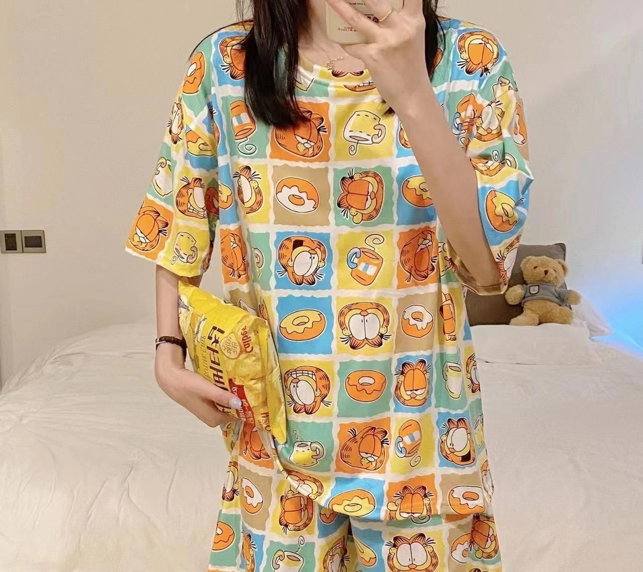 Women's pajamas  Women's summer short sleeves + shorts  Cute cartoon  Thin pajamas  Loose plus size  Summer girl summer loungewear set