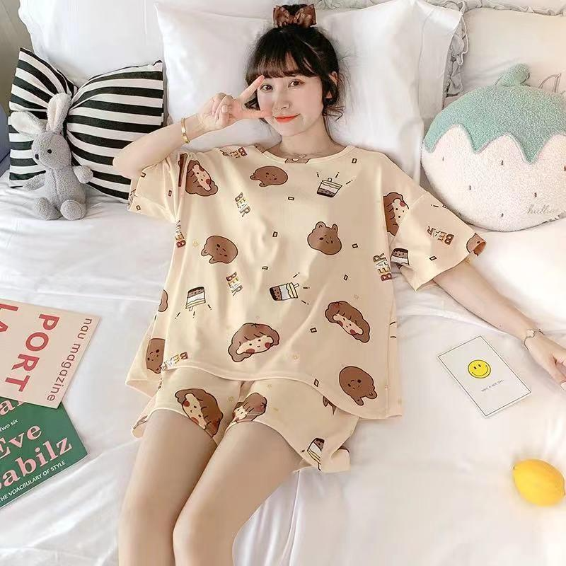 Women's pajamas  Women's summer short sleeves + shorts  Cute cartoon  Thin pajamas  Loose plus size  Summer girl summer loungewear set