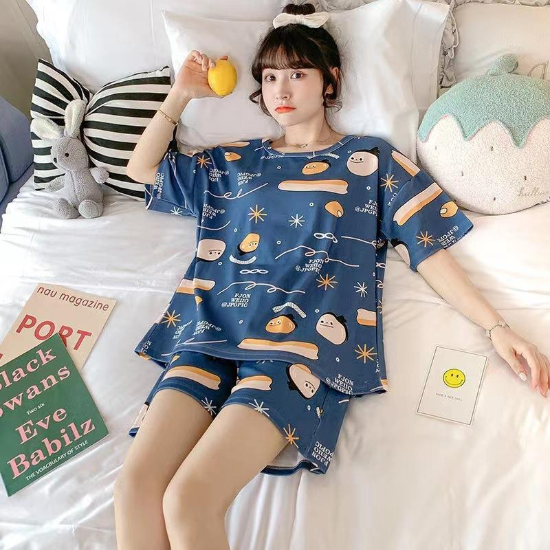 Women's pajamas  Women's summer short sleeves + shorts  Cute cartoon  Thin pajamas  Loose plus size  Summer girl summer loungewear set