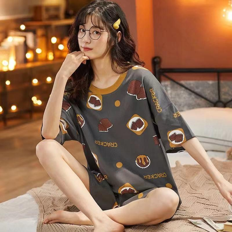 Women's pajamas  Women's summer short sleeves + shorts  Cute cartoon  Thin pajamas  Loose plus size  Summer girl summer loungewear set