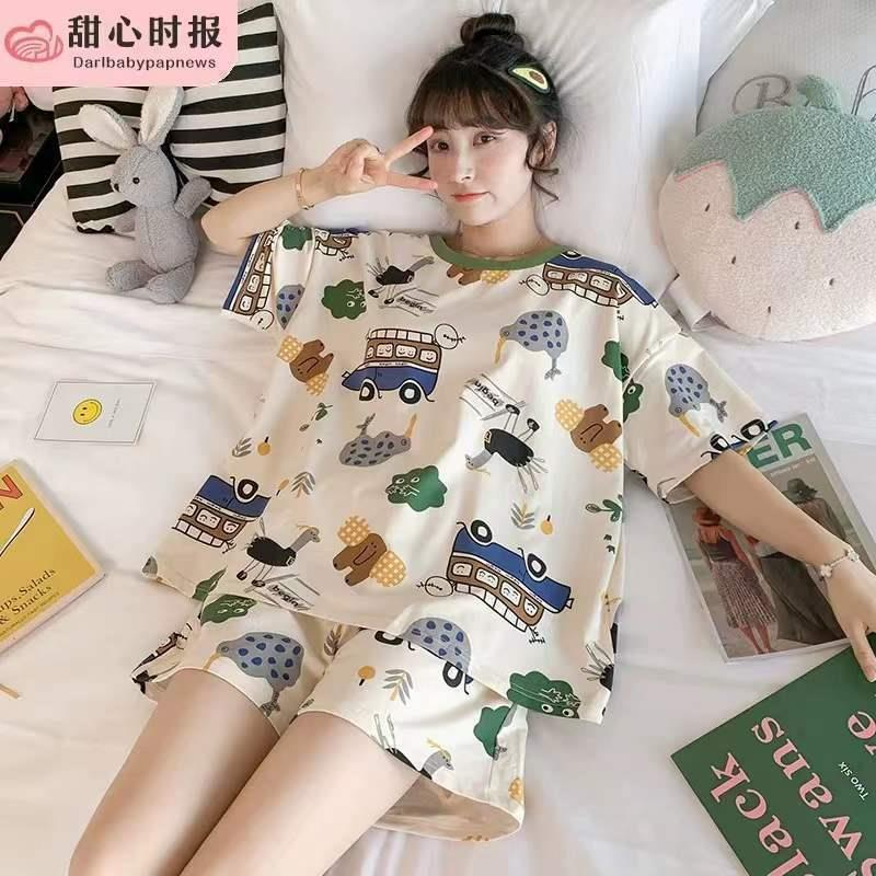 Women's pajamas  Women's summer short sleeves + shorts  Cute cartoon  Thin pajamas  Loose plus size  Summer girl summer loungewear set