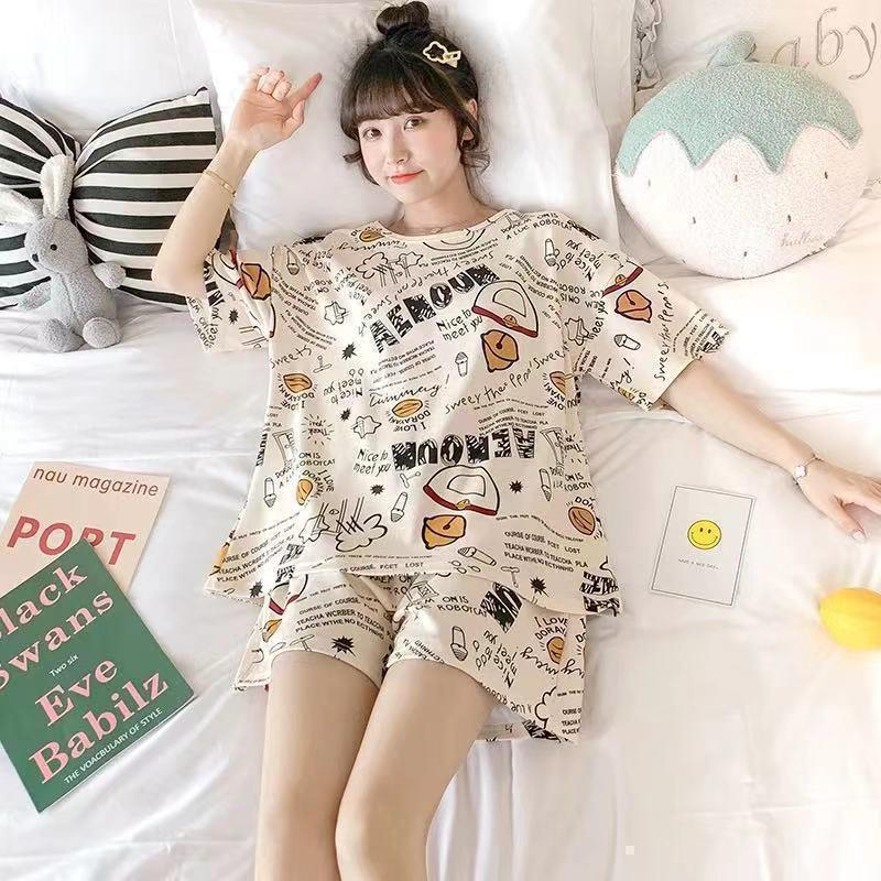 Women's pajamas  Women's summer short sleeves + shorts  Cute cartoon  Thin pajamas  Loose plus size  Summer girl summer loungewear set