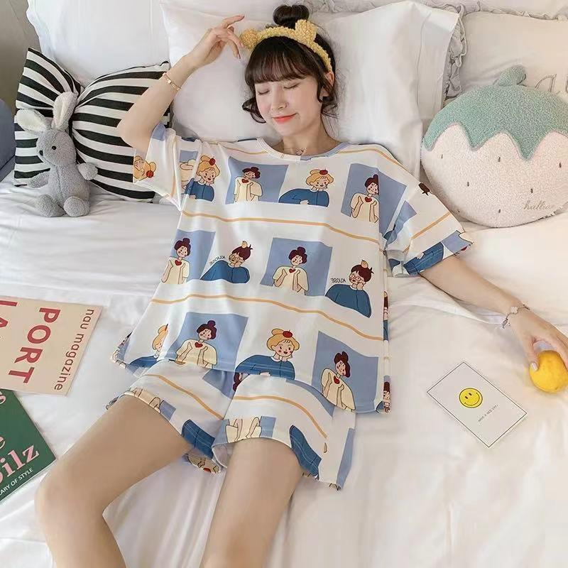 Women's pajamas  Women's summer short sleeves + shorts  Cute cartoon  Thin pajamas  Loose plus size  Summer girl summer loungewear set