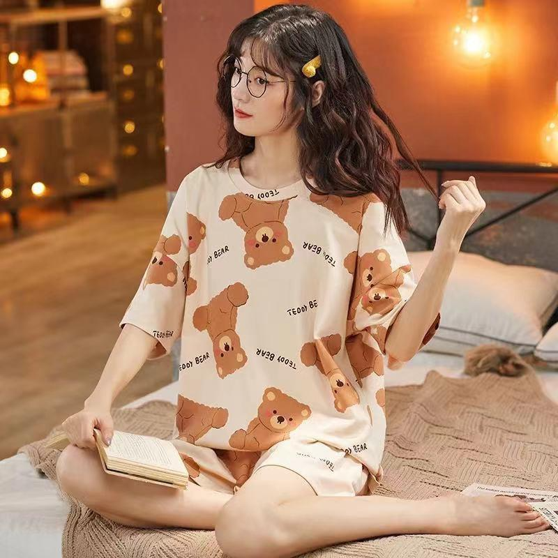 Women's pajamas  Women's summer short sleeves + shorts  Cute cartoon  Thin pajamas  Loose plus size  Summer girl summer loungewear set