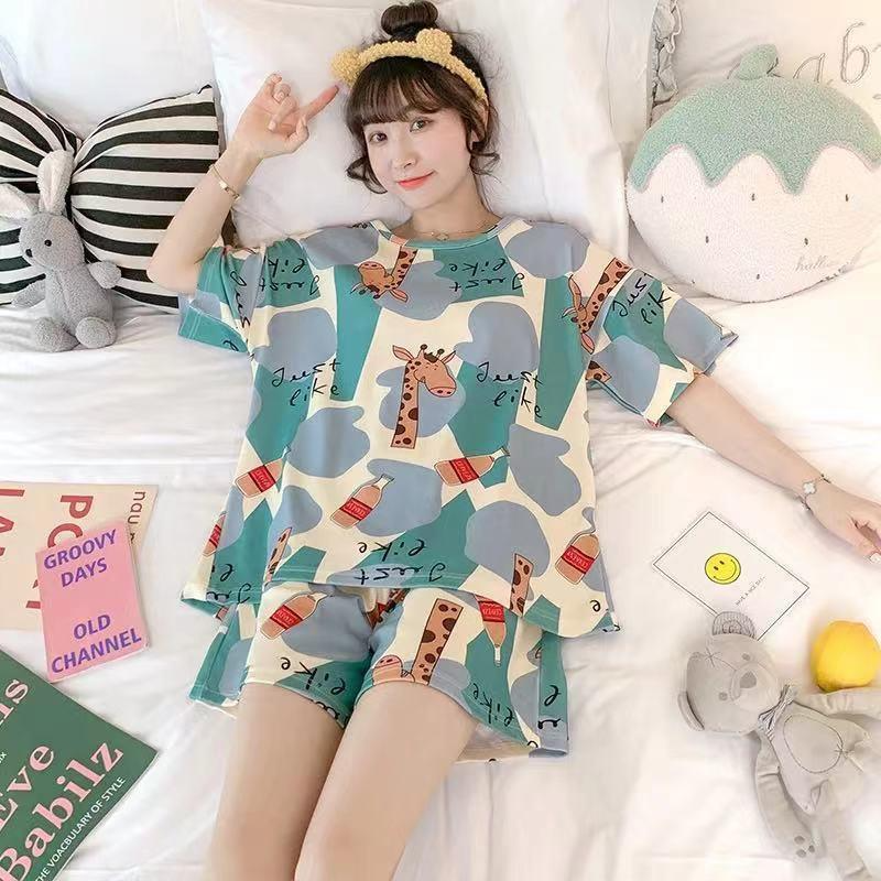 Women's pajamas  Women's summer short sleeves + shorts  Cute cartoon  Thin pajamas  Loose plus size  Summer girl summer loungewear set