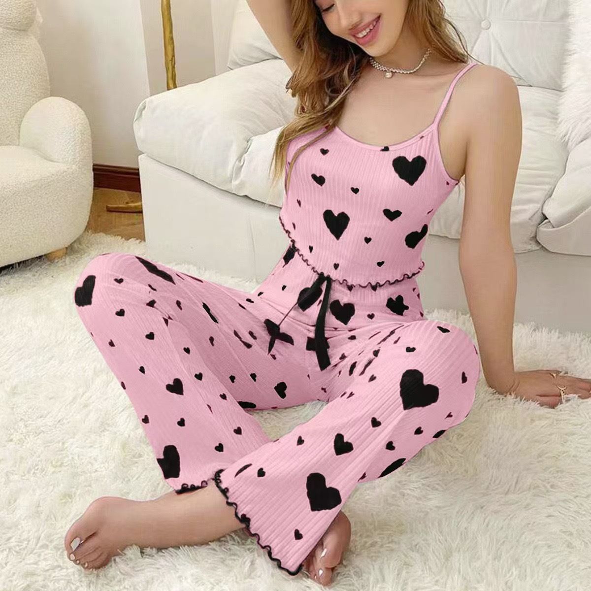 Women's pajama set  Home clothes  Love sling  waistcoat  pajamas  Wearable with trousers, two-piece suit, white, airy, soft, casual love print