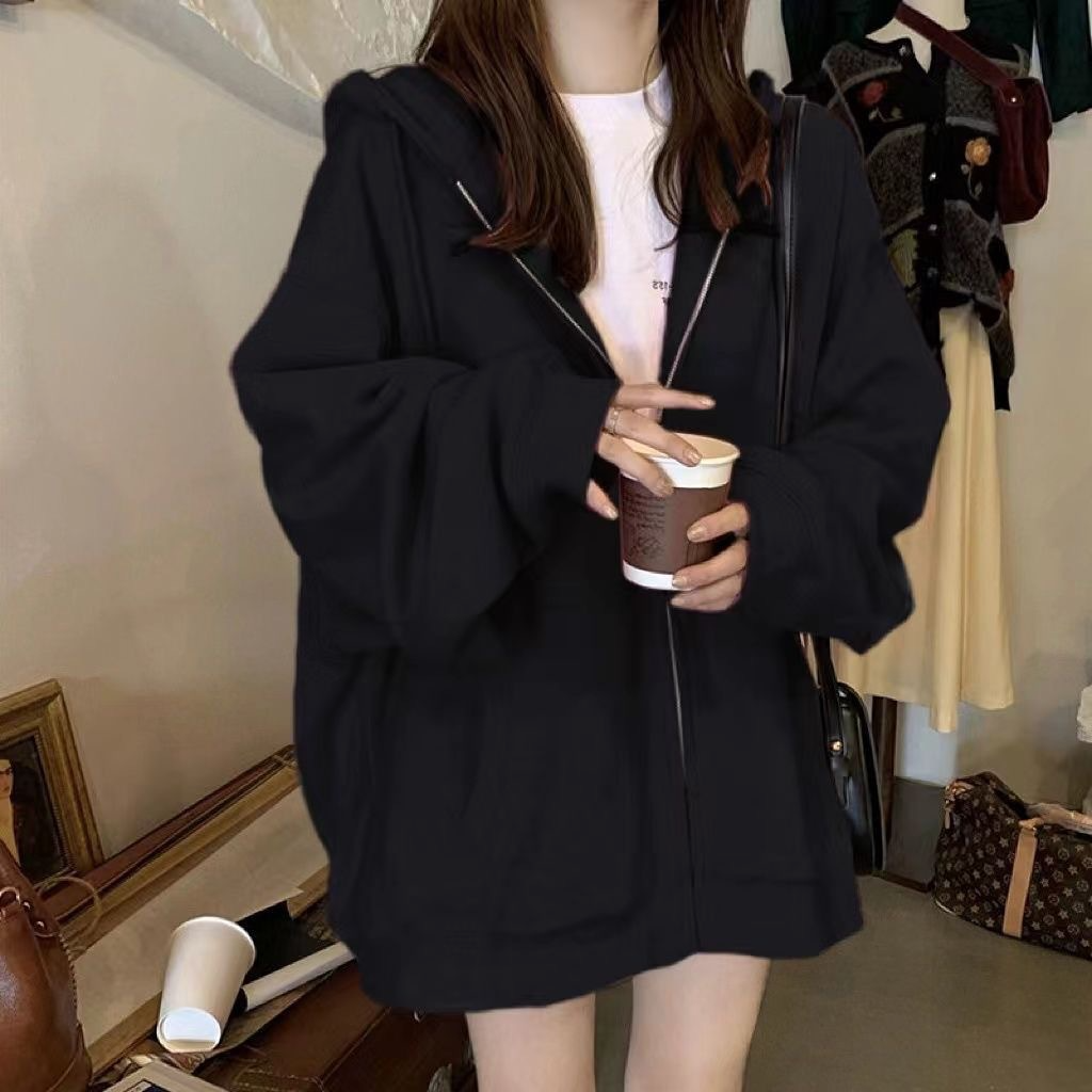 Thin hoodie  Women's loose cardigan  coat  student  vogue  leisure  jersey  New black hooded sweatshirt  Loose and lazy wind  Korean version of the coat