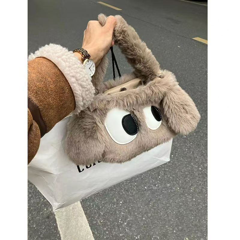 Cute big-eyed suede tote   Women's shoulder carrying a crossbody bag   Messenger package   Soft and fluffy handbag for winter  Gifts for girls