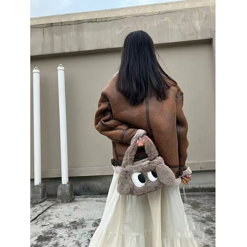 Cute big-eyed suede tote   Women's shoulder carrying a crossbody bag   Messenger package   Soft and fluffy handbag for winter  Gifts for girls