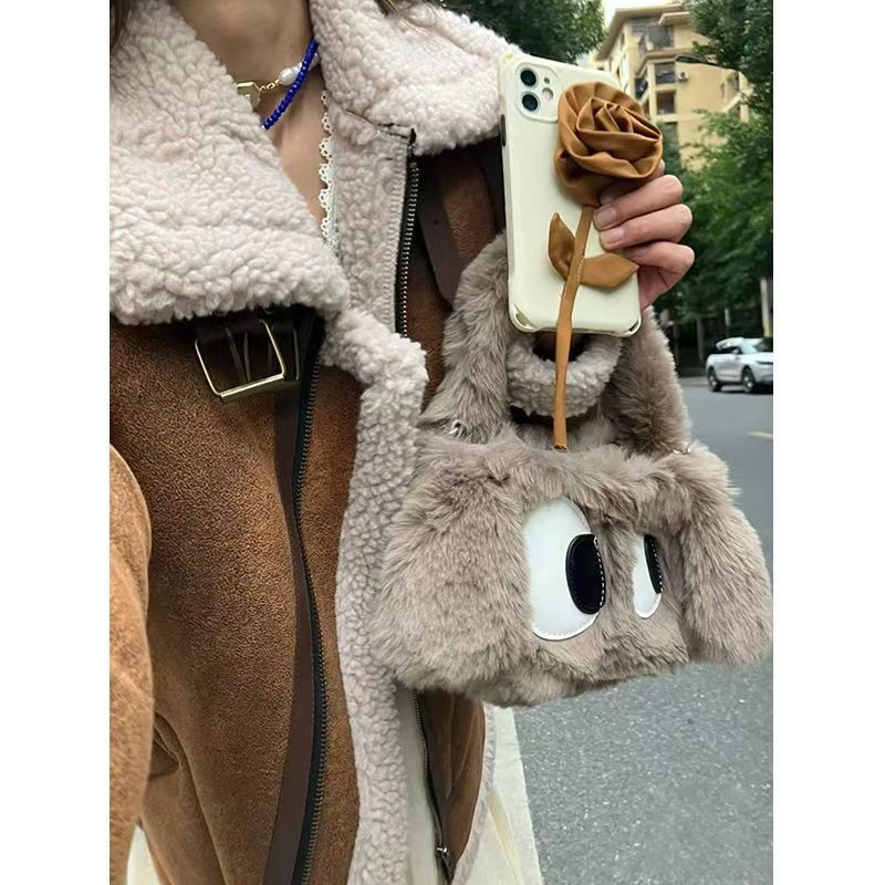 Cute big-eyed suede tote   Women's shoulder carrying a crossbody bag   Messenger package   Soft and fluffy handbag for winter  Gifts for girls