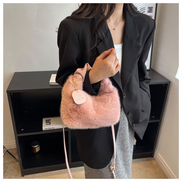 Women's faux plush handbag  Pleated handles  Women's crossbody bag  Casual tote bag   Women's winter bag