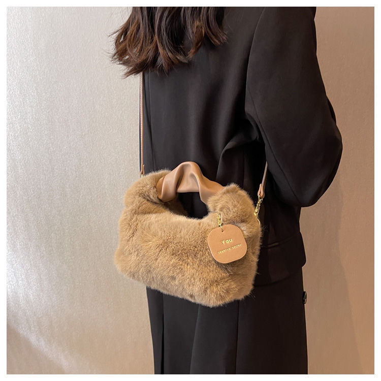 Women's faux plush handbag  Pleated handles  Women's crossbody bag  Casual tote bag   Women's winter bag