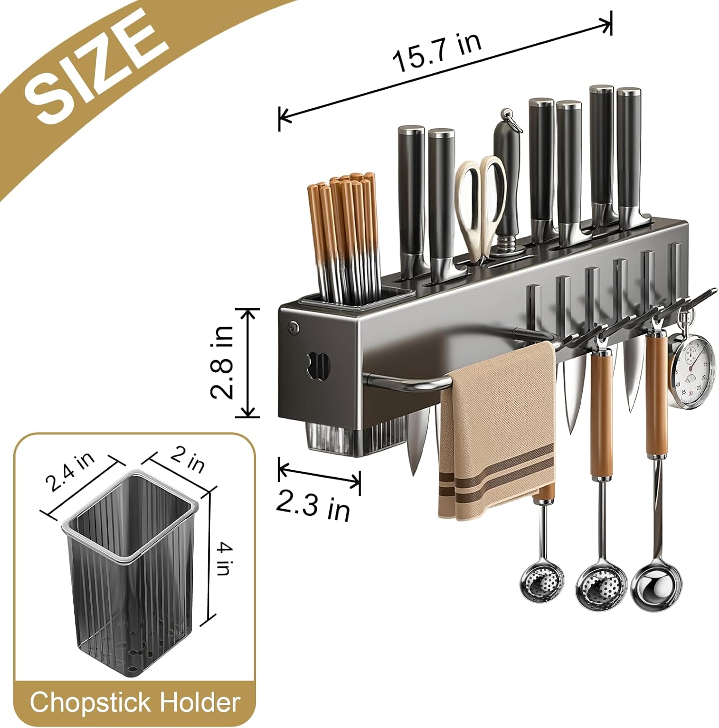 MVNVM  Stainless Steel Pot and Pan Hanger,Wall Mounted Pot Rack Kitchen Hanging Rail With S Hooks,Detachable Pans Hanging Rail Kitchen Lids Utensils Hanger,15.7 Inch Wall Mounted Hanging Pot Rack