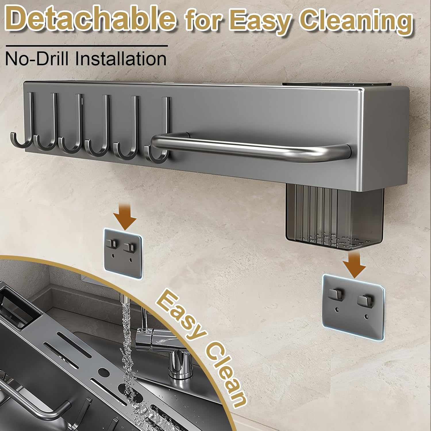 MVNVM  Stainless Steel Pot and Pan Hanger,Wall Mounted Pot Rack Kitchen Hanging Rail With S Hooks,Detachable Pans Hanging Rail Kitchen Lids Utensils Hanger,15.7 Inch Wall Mounted Hanging Pot Rack