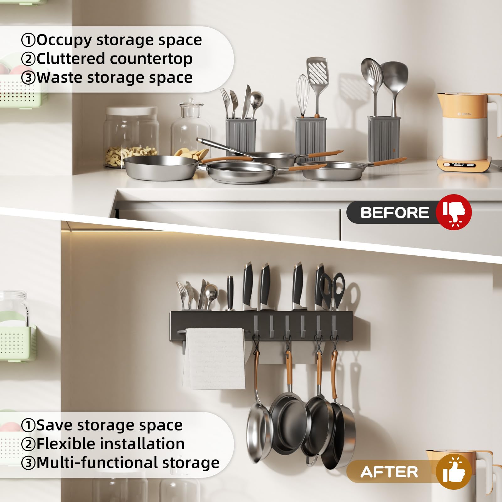 MVNVM  Stainless Steel Pot and Pan Hanger,Wall Mounted Pot Rack Kitchen Hanging Rail With S Hooks,Detachable Pans Hanging Rail Kitchen Lids Utensils Hanger,15.7 Inch Wall Mounted Hanging Pot Rack