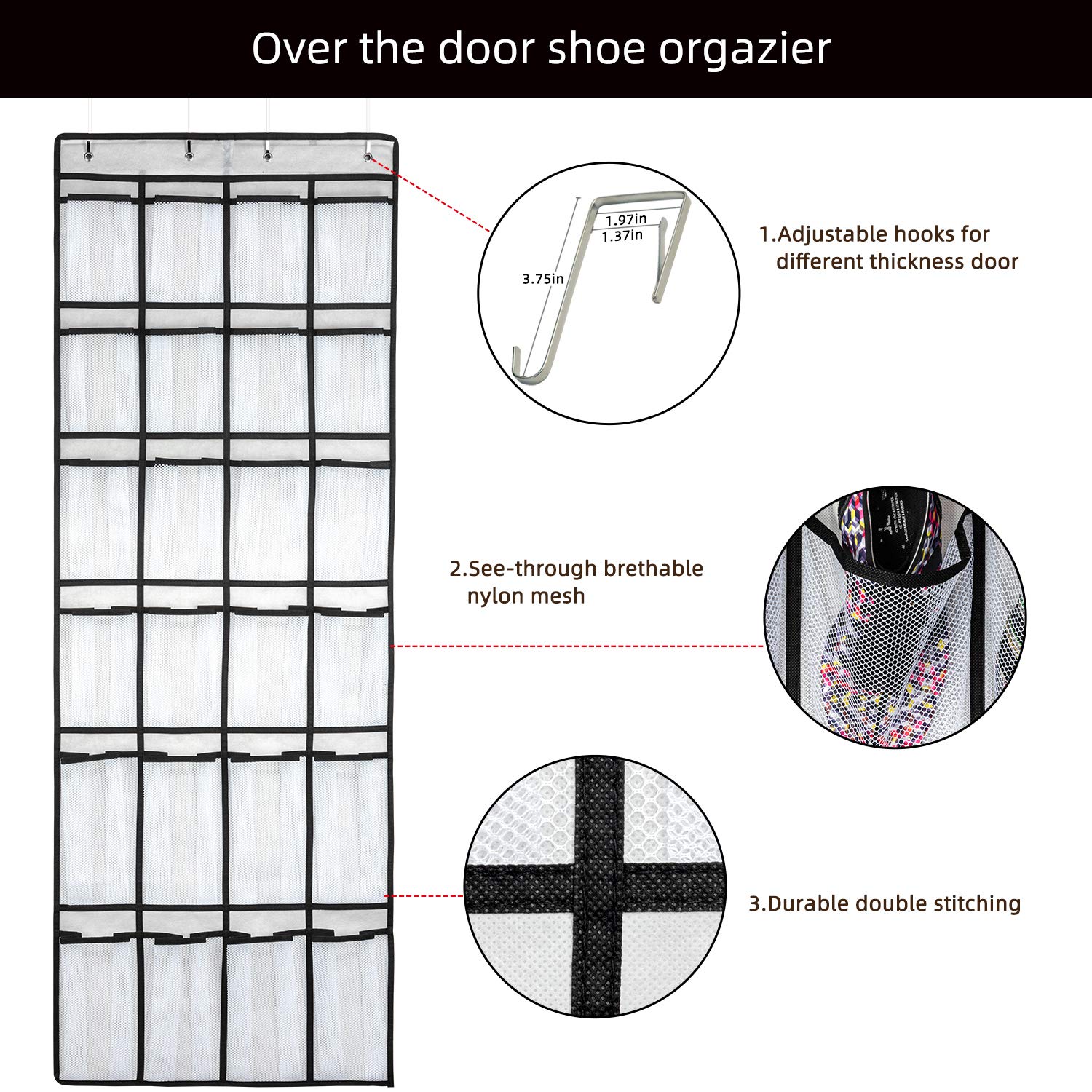 MVNVM Large Pockets Over The Door Shoe Organizer, Hanging Shoe Organizer for Closet, Premium Clear Shoe Rack for Door, Shoes Hanger Organizers Storage Holder for Back of Door and 4Metal Hook White