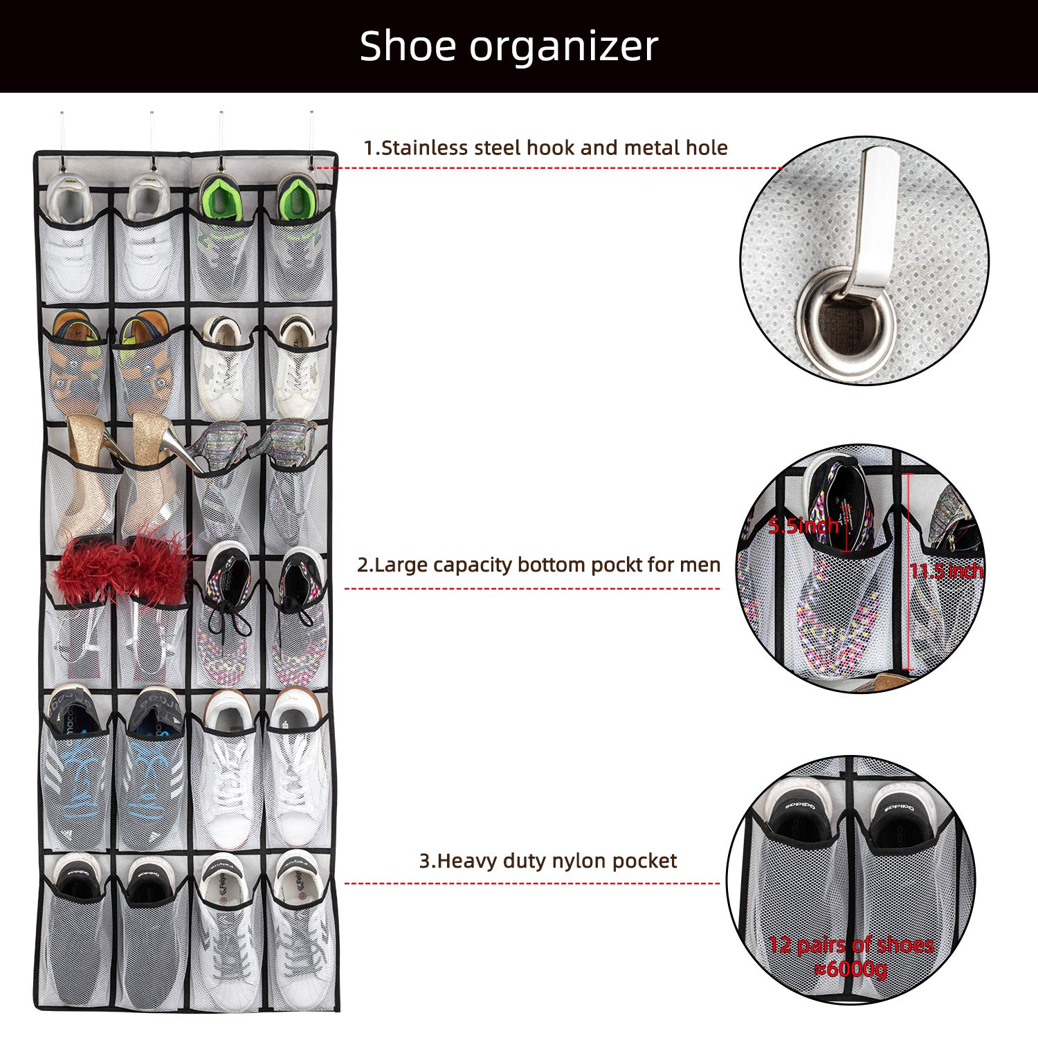 MVNVM Large Pockets Over The Door Shoe Organizer, Hanging Shoe Organizer for Closet, Premium Clear Shoe Rack for Door, Shoes Hanger Organizers Storage Holder for Back of Door and 4Metal Hook White