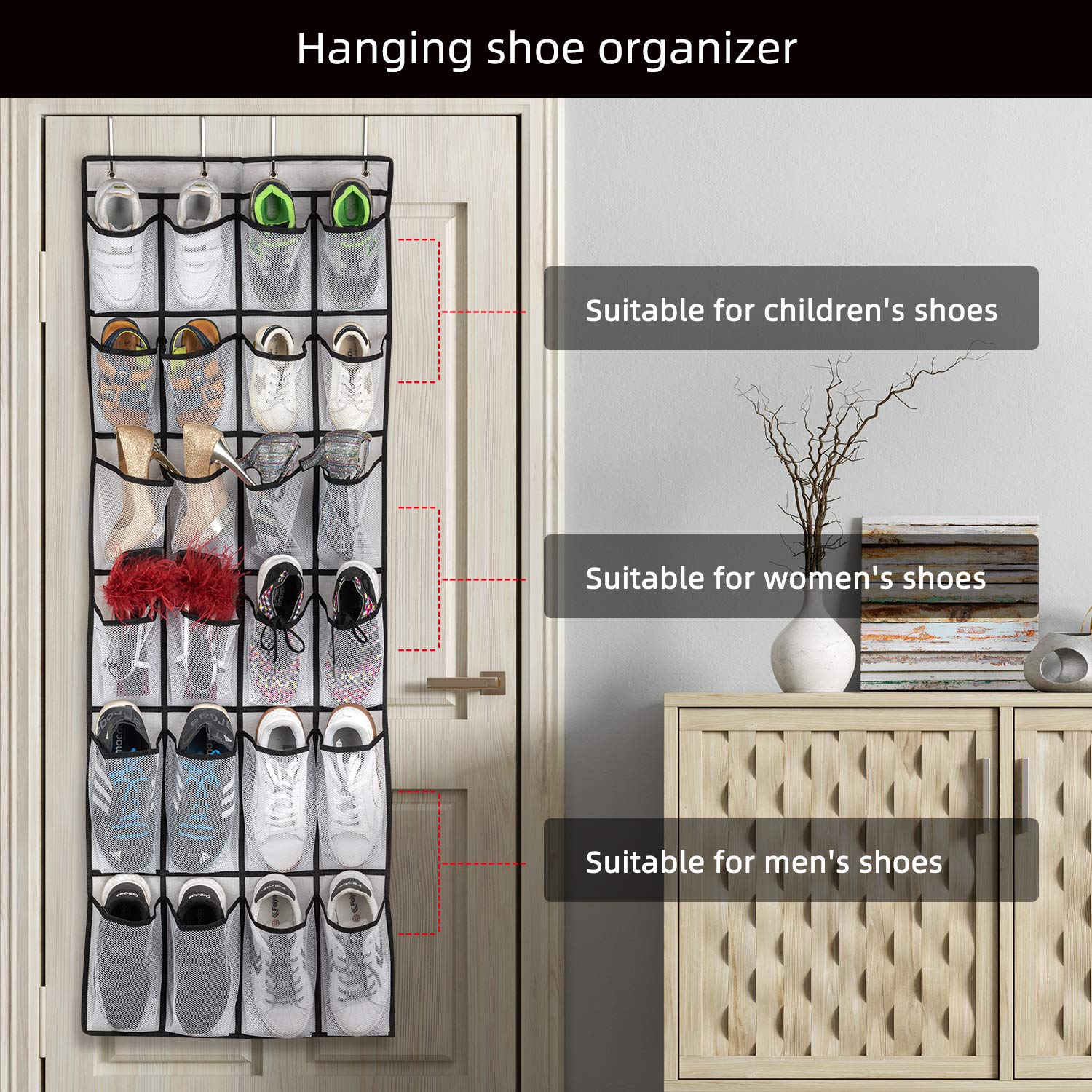 MVNVM Large Pockets Over The Door Shoe Organizer, Hanging Shoe Organizer for Closet, Premium Clear Shoe Rack for Door, Shoes Hanger Organizers Storage Holder for Back of Door and 4Metal Hook White
