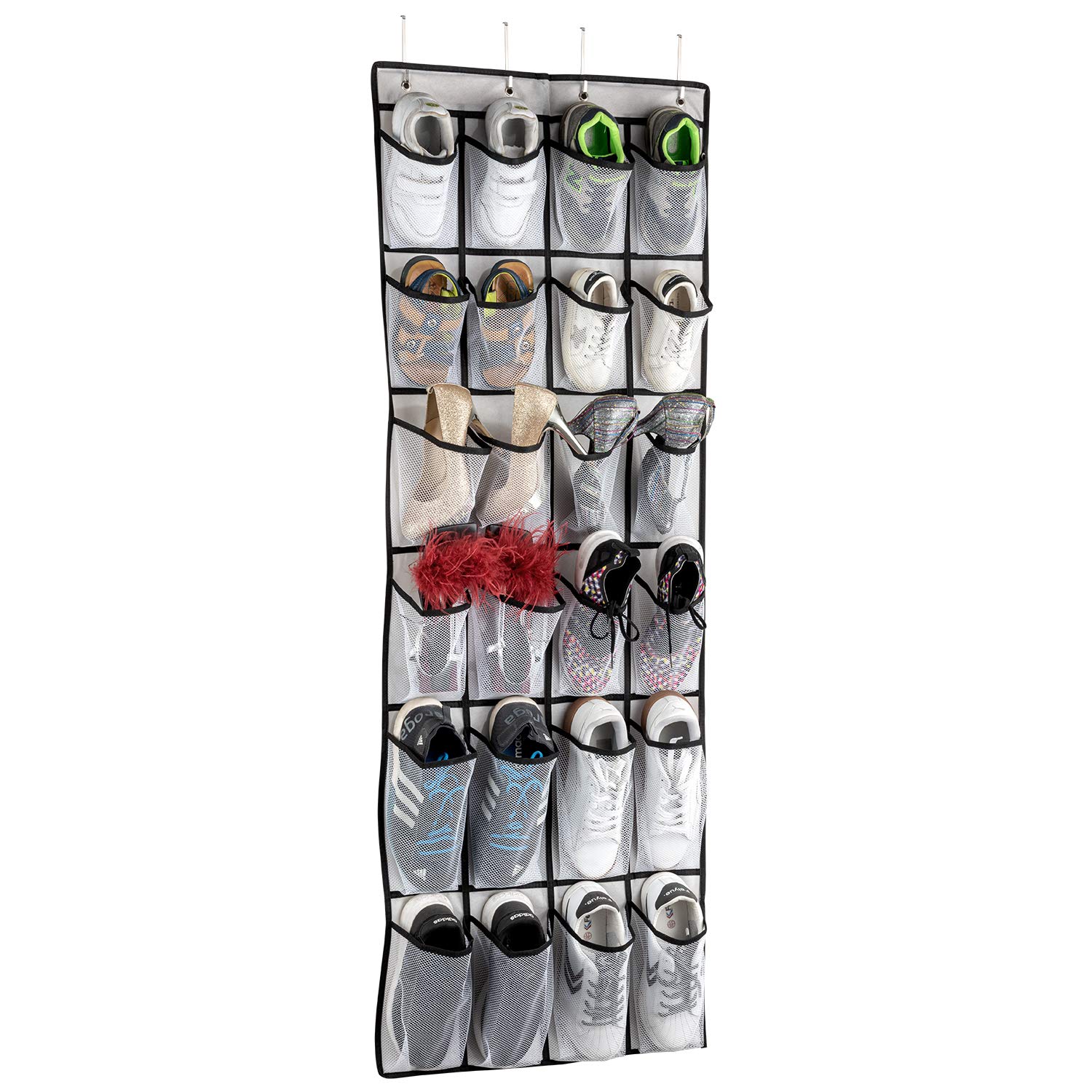 MVNVM Large Pockets Over The Door Shoe Organizer, Hanging Shoe Organizer for Closet, Premium Clear Shoe Rack for Door, Shoes Hanger Organizers Storage Holder for Back of Door and 4Metal Hook White