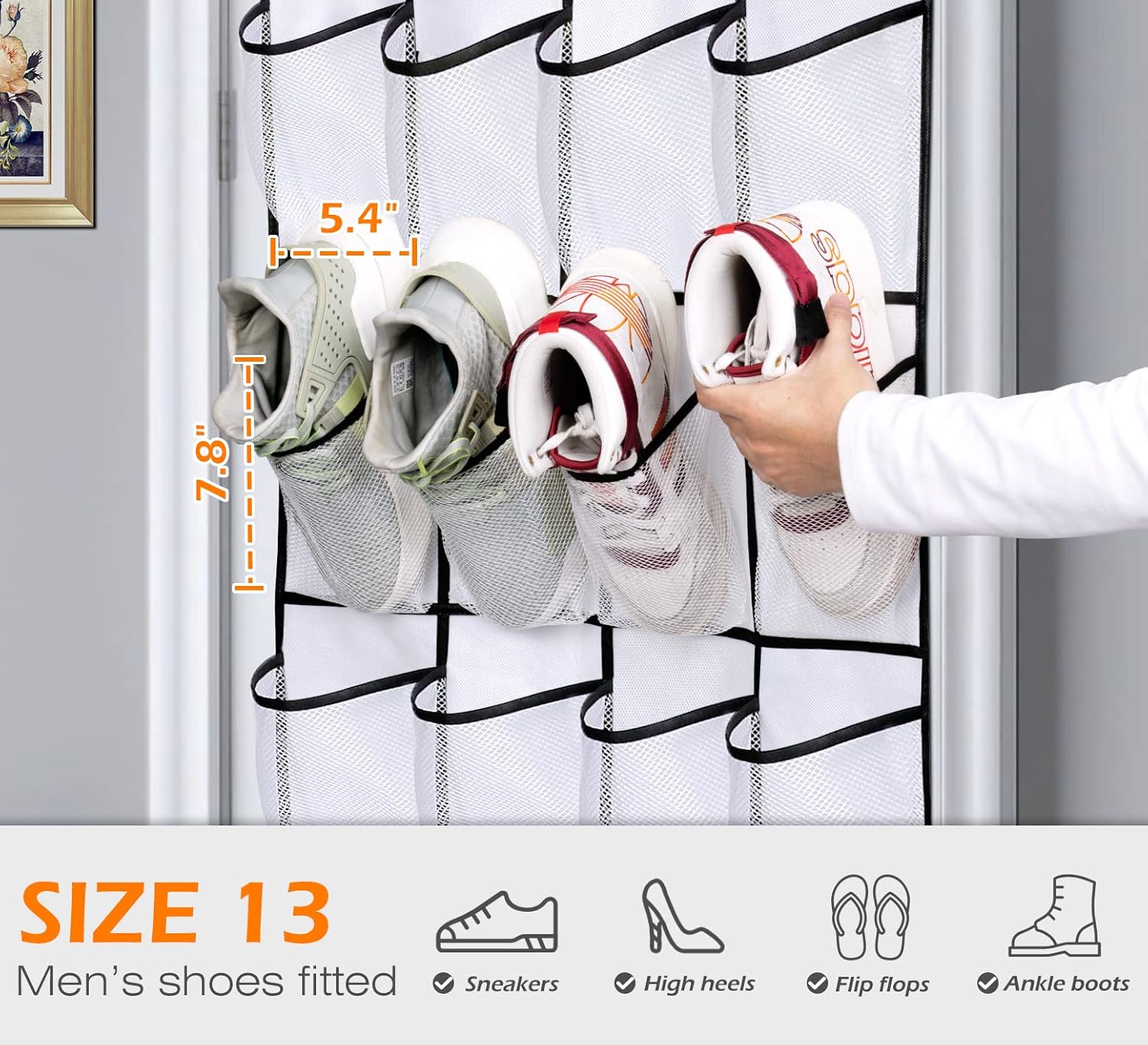 MVNVM Large Pockets Over The Door Shoe Organizer, Hanging Shoe Organizer for Closet, Premium Clear Shoe Rack for Door, Shoes Hanger Organizers Storage Holder for Back of Door and 4Metal Hook White