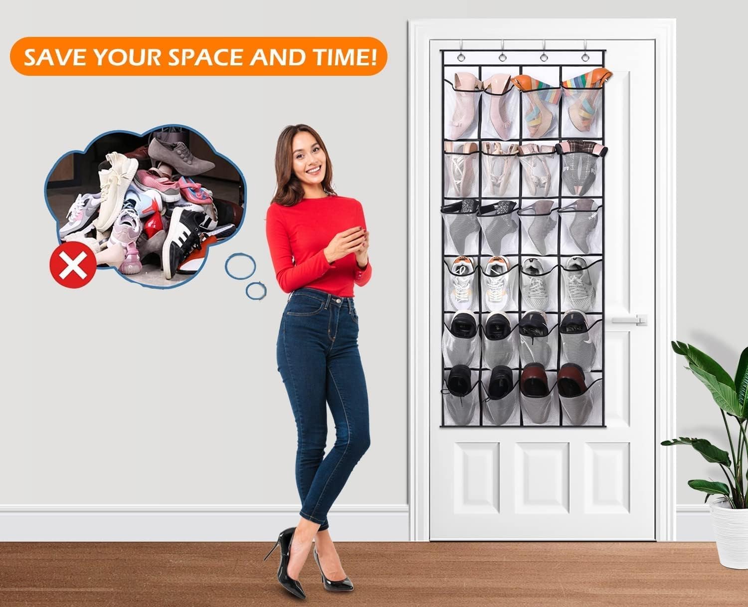 MVNVM Large Pockets Over The Door Shoe Organizer, Hanging Shoe Organizer for Closet, Premium Clear Shoe Rack for Door, Shoes Hanger Organizers Storage Holder for Back of Door and 4Metal Hook White