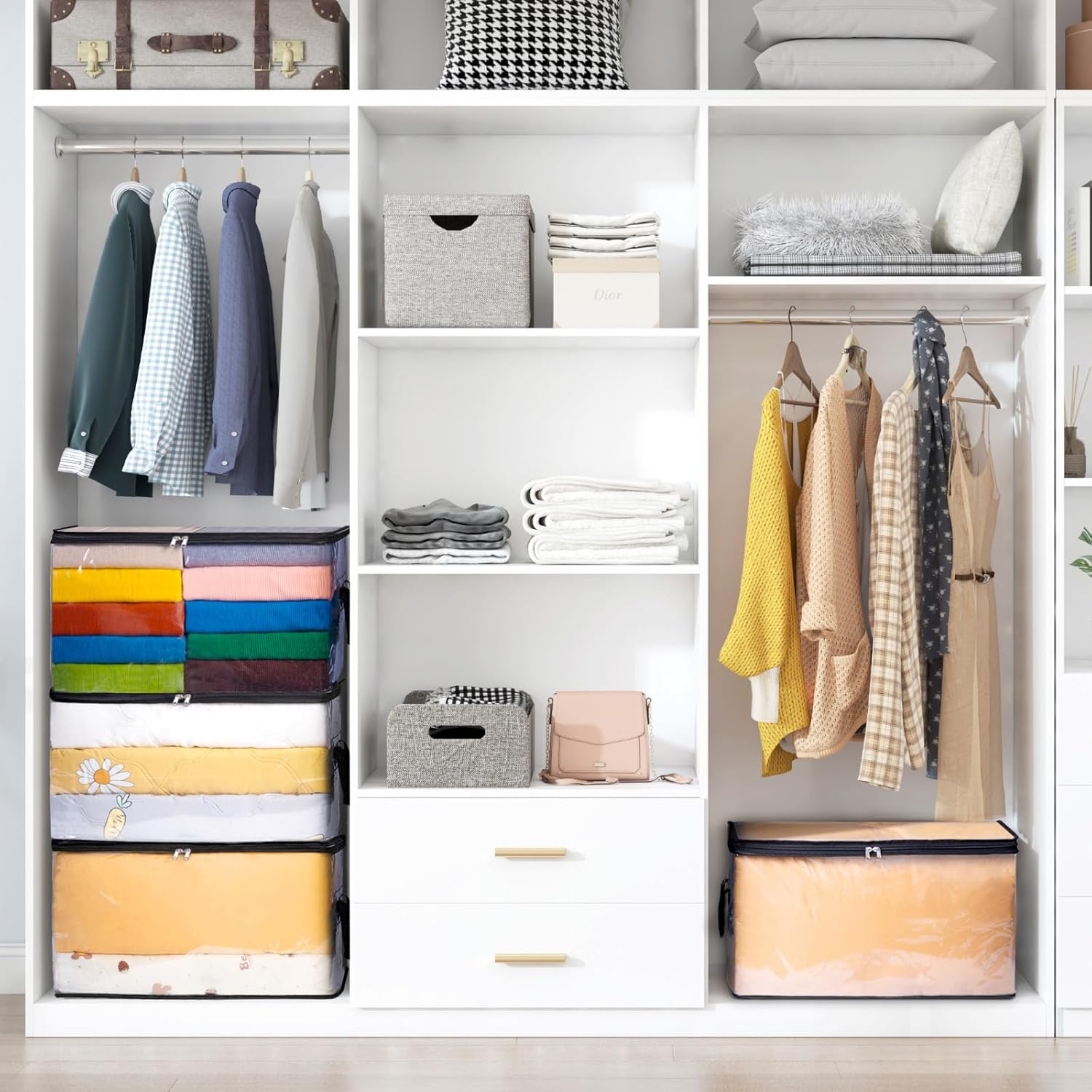 MVNVM 4 Pack Clear Clothes Storage Bags, 60L Plastic Blanket Storage Bags, Vinyl Foldable Moving Bags with Zipper, Closet Organizers and Storage Containers for Bedding, Duvet, Pillow