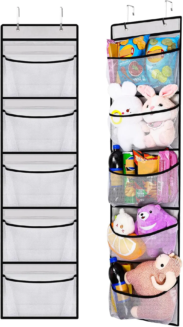 Over The Door Organizer Storage with 𝟓 𝐋𝐚𝐫𝐠𝐞 𝐏𝐨𝐜𝐤𝐞𝐭𝐬 for Storing Stuffed Animals,Nursery Items and Kids Weekly Clothes.Great for Bedrooms,Bathrooms,Laundry,Traveling,Foldable