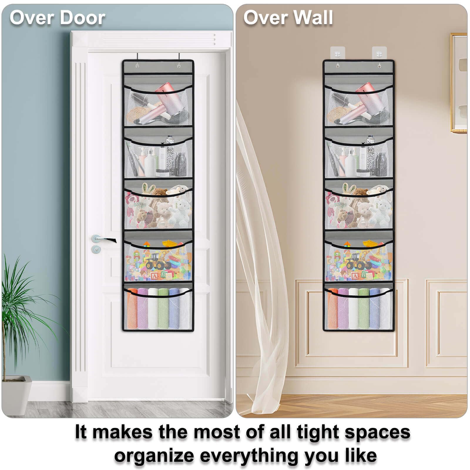 Over The Door Organizer Storage with 𝟓 𝐋𝐚𝐫𝐠𝐞 𝐏𝐨𝐜𝐤𝐞𝐭𝐬 for Storing Stuffed Animals,Nursery Items and Kids Weekly Clothes.Great for Bedrooms,Bathrooms,Laundry,Traveling,Foldable