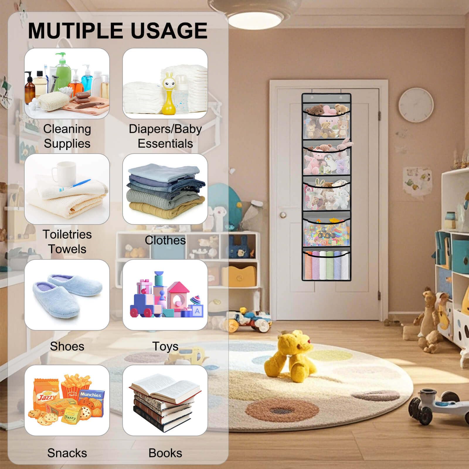 Over The Door Organizer Storage with 𝟓 𝐋𝐚𝐫𝐠𝐞 𝐏𝐨𝐜𝐤𝐞𝐭𝐬 for Storing Stuffed Animals,Nursery Items and Kids Weekly Clothes.Great for Bedrooms,Bathrooms,Laundry,Traveling,Foldable