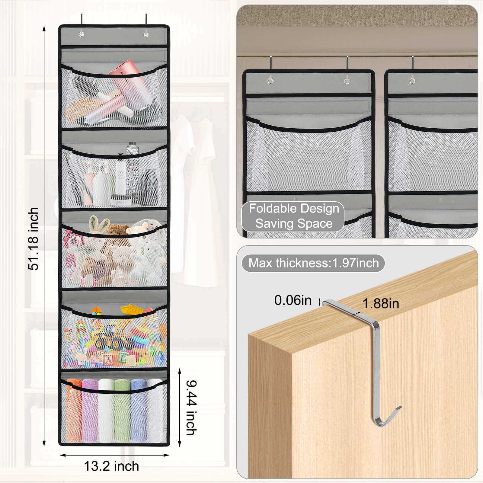 Over The Door Organizer Storage with 𝟓 𝐋𝐚𝐫𝐠𝐞 𝐏𝐨𝐜𝐤𝐞𝐭𝐬 for Storing Stuffed Animals,Nursery Items and Kids Weekly Clothes.Great for Bedrooms,Bathrooms,Laundry,Traveling,Foldable
