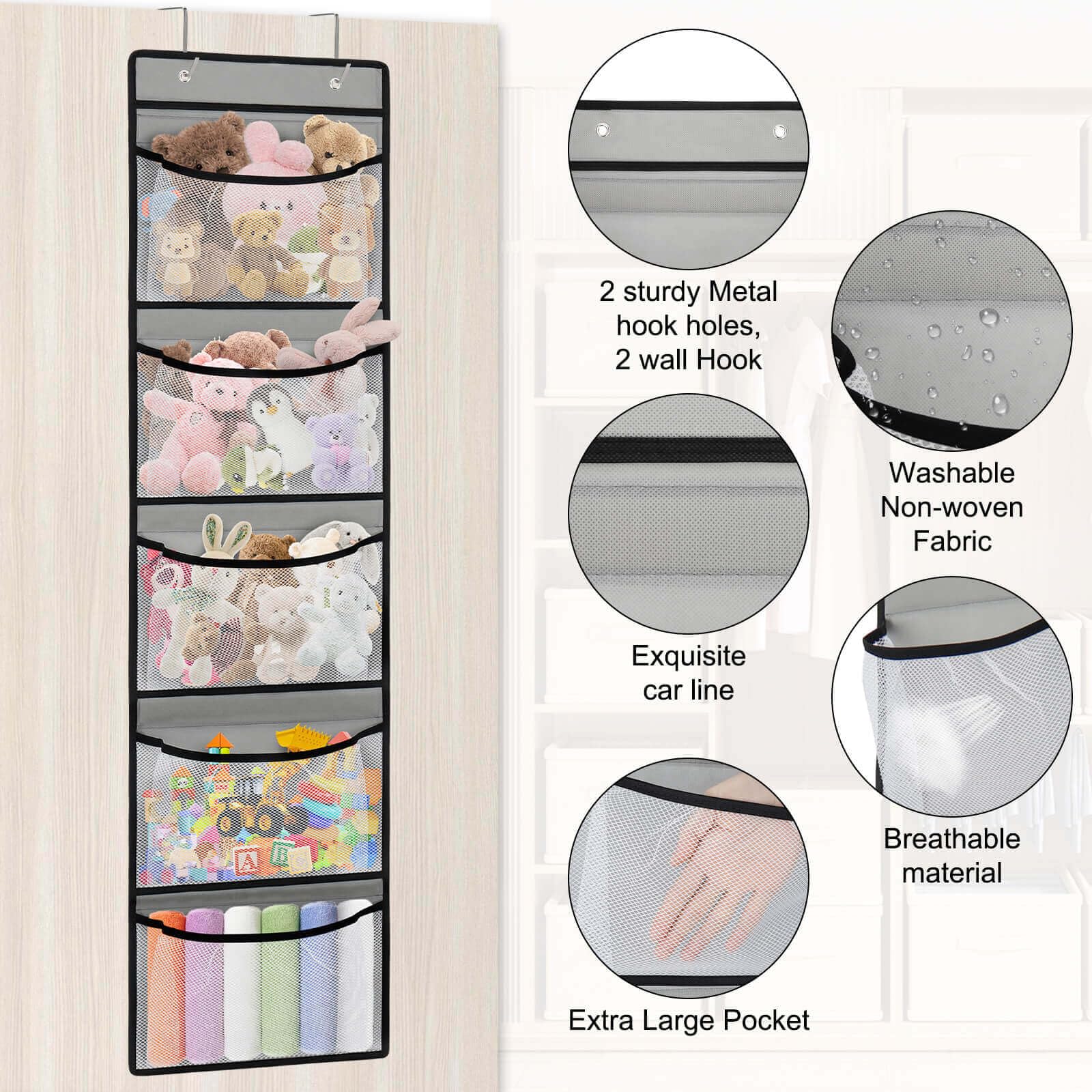 Over The Door Organizer Storage with 𝟓 𝐋𝐚𝐫𝐠𝐞 𝐏𝐨𝐜𝐤𝐞𝐭𝐬 for Storing Stuffed Animals,Nursery Items and Kids Weekly Clothes.Great for Bedrooms,Bathrooms,Laundry,Traveling,Foldable