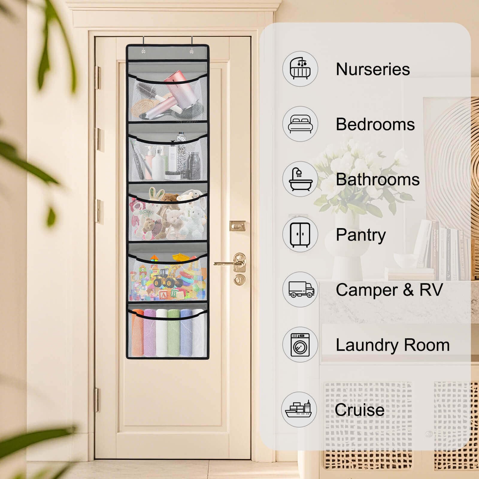 Over The Door Organizer Storage with 𝟓 𝐋𝐚𝐫𝐠𝐞 𝐏𝐨𝐜𝐤𝐞𝐭𝐬 for Storing Stuffed Animals,Nursery Items and Kids Weekly Clothes.Great for Bedrooms,Bathrooms,Laundry,Traveling,Foldable