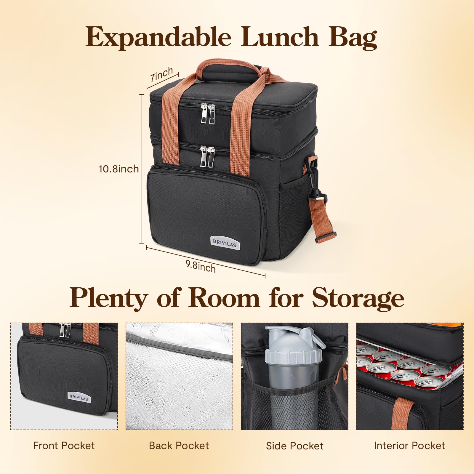 MVNVM Insulated Lunch Box for Men & Women - Collapsible Cooler Bag Leakproof Double Deck, Large 12.5L Adult Lunch Bags for Work, Travel - Black Lunch Bag Cooler Lunch Box with Adjustable Strap