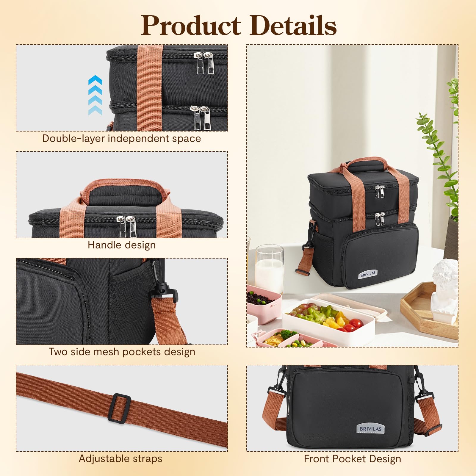 MVNVM Insulated Lunch Box for Men & Women - Collapsible Cooler Bag Leakproof Double Deck, Large 12.5L Adult Lunch Bags for Work, Travel - Black Lunch Bag Cooler Lunch Box with Adjustable Strap