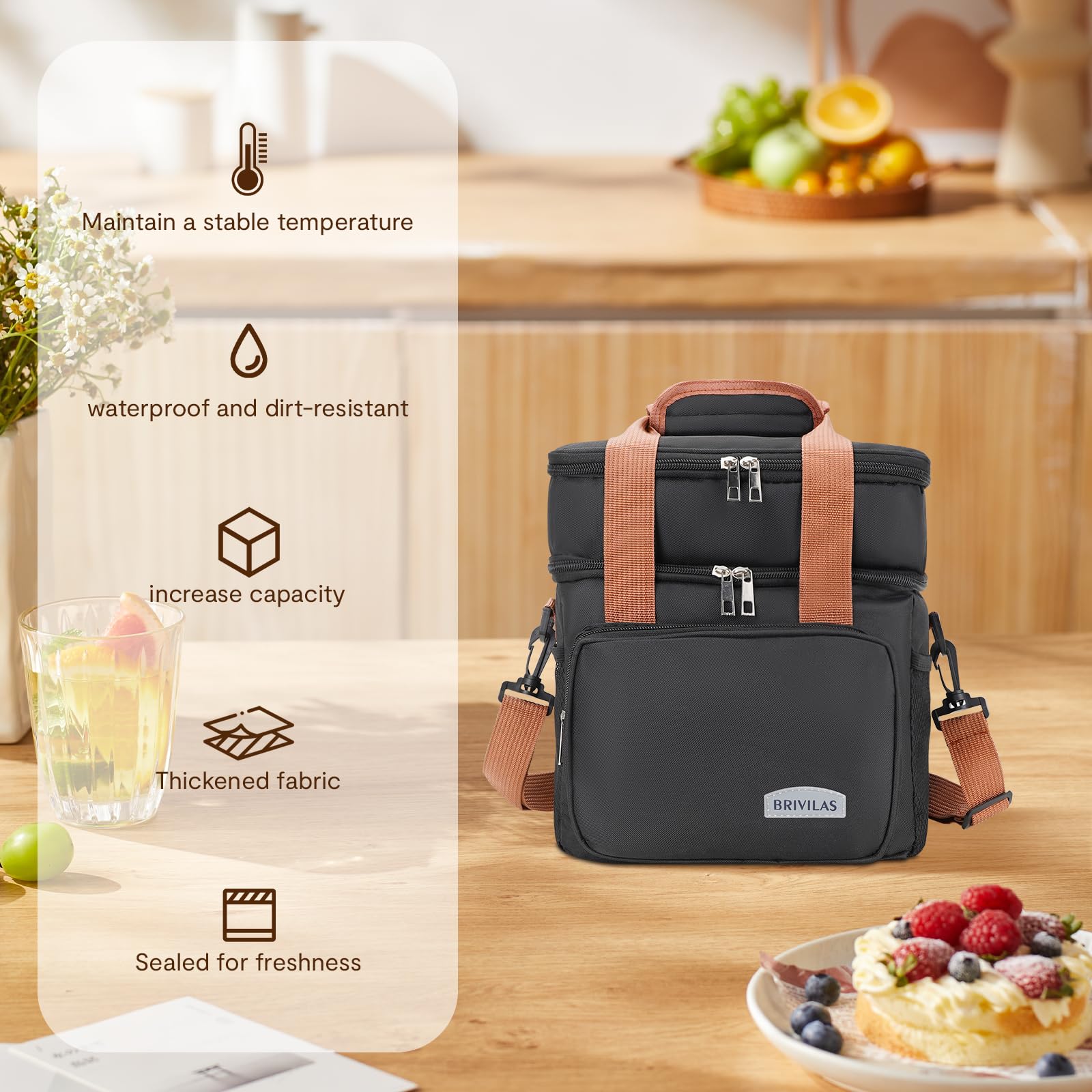 MVNVM Insulated Lunch Box for Men & Women - Collapsible Cooler Bag Leakproof Double Deck, Large 12.5L Adult Lunch Bags for Work, Travel - Black Lunch Bag Cooler Lunch Box with Adjustable Strap