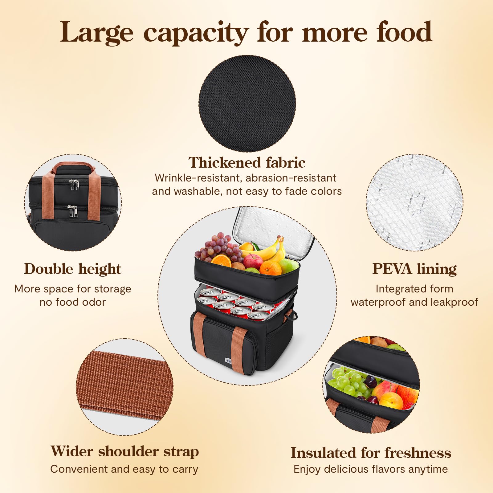 MVNVM Insulated Lunch Box for Men & Women - Collapsible Cooler Bag Leakproof Double Deck, Large 12.5L Adult Lunch Bags for Work, Travel - Black Lunch Bag Cooler Lunch Box with Adjustable Strap