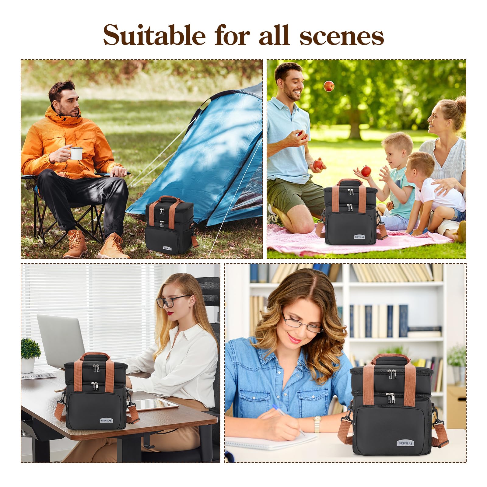 MVNVM Insulated Lunch Box for Men & Women - Collapsible Cooler Bag Leakproof Double Deck, Large 12.5L Adult Lunch Bags for Work, Travel - Black Lunch Bag Cooler Lunch Box with Adjustable Strap