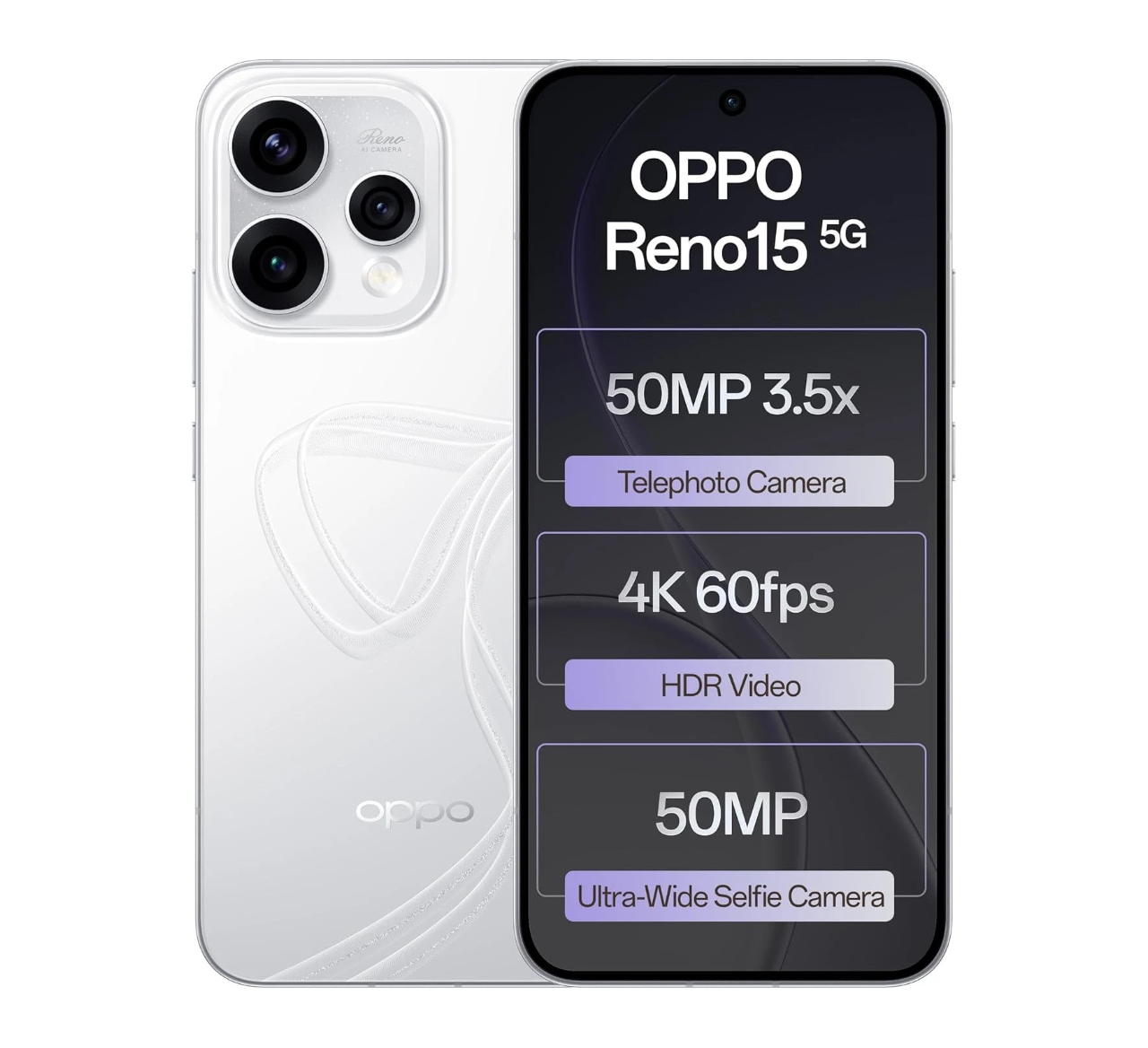 Oppo Reno 15 5G, 512GB 12GB RAM, Camera 50MP, Battery 6500mAh, Android 16, Color Aurora White, Smartphone