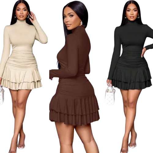 A chic long sleeve ruffle bodycon mini dress, perfect for a party, dinner date, or night out. Available in beige, brown, and black.