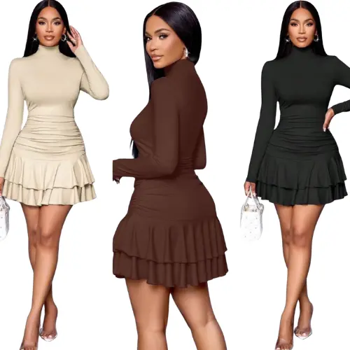 A chic long sleeve ruffle bodycon mini dress, perfect for a party, dinner date, or night out. Available in beige, brown, and black.