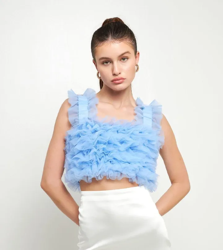 Trendy Women’s Ruffled Sleeveless Crop Top – Fashion Mesh Layered Tank Top for Party, Casual & Summer Outfits